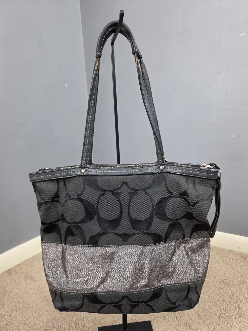 Coach Black Signature Tote with Metallic Accent